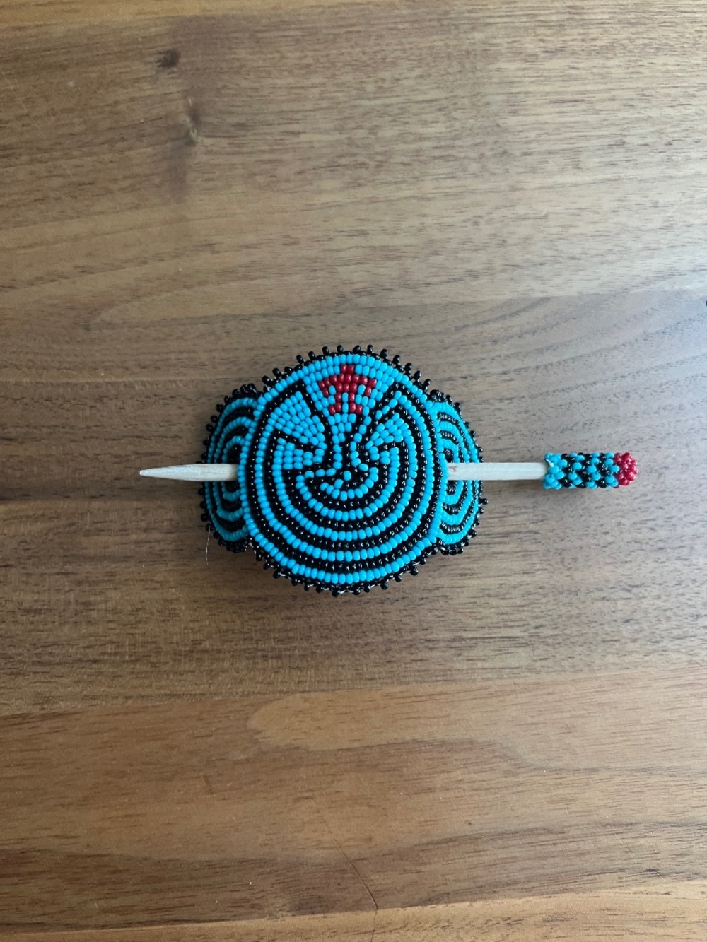 Handmade Turquoise & Black Beaded Leather Hair Barrette with Wooden Stick